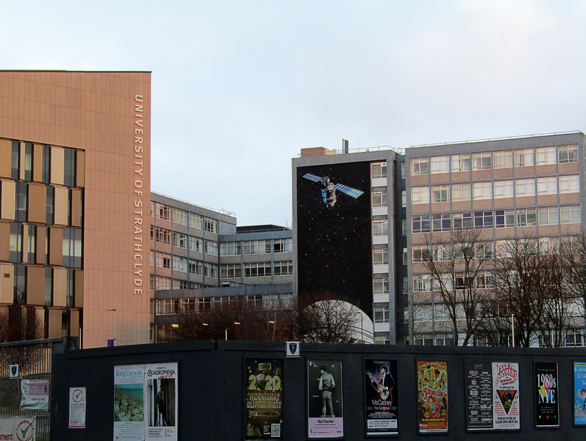 The University of Strathclyde campus featuring a mural of a space satellite