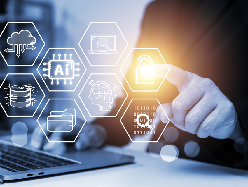 Businessman touching virtual graphics with AI technology concept