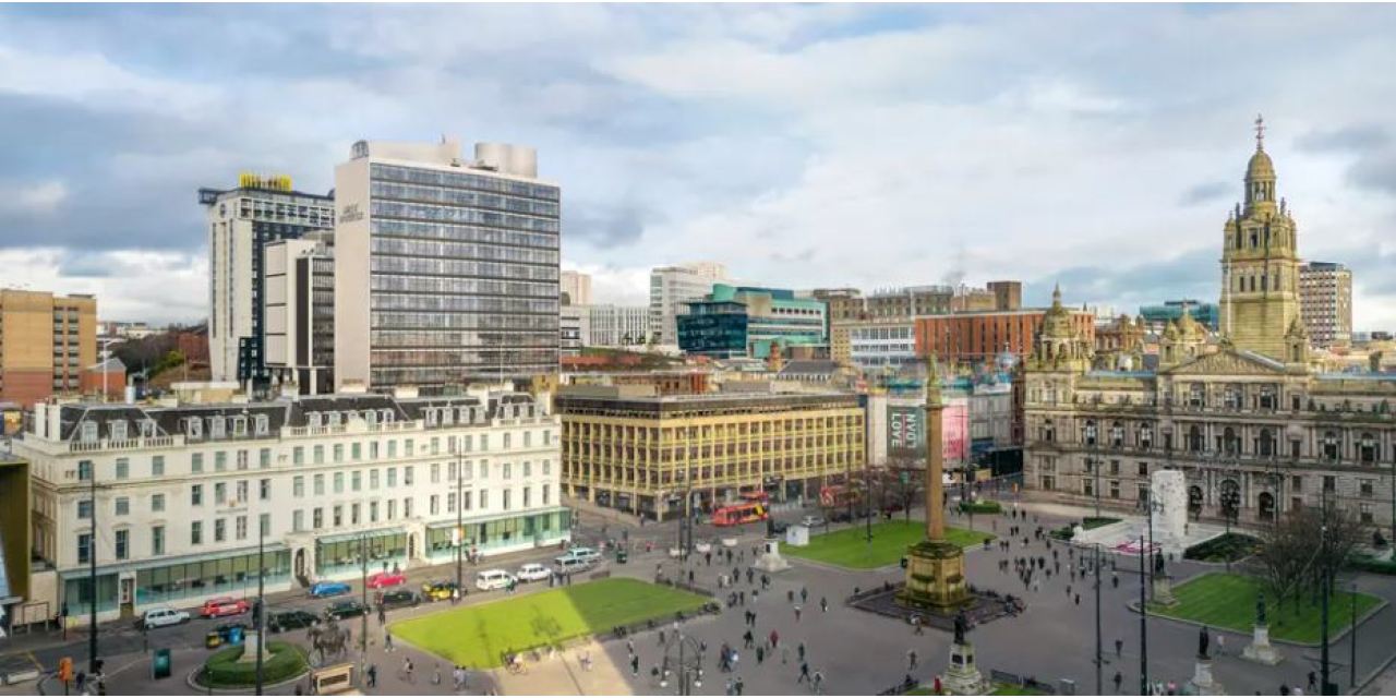 An image of George Square featuring the renovated Met Tower