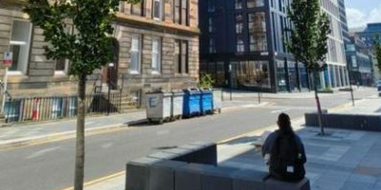 A view of the Holland Street Avenue with two young trees and a modern glass fronted building. A woman sits on new seating.