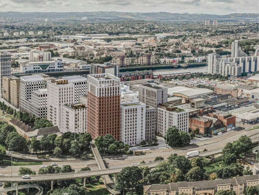 An artist's impression of Central Quay. An urban development nestled between the River Clyde and the Motorway.