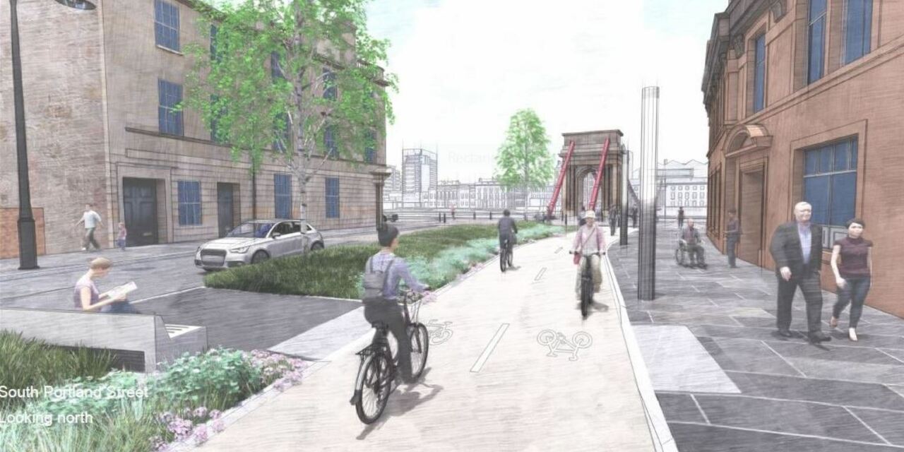 Artist's impression of South Portland Street after the Avenues work is completed. The pavements are wider and there is a new cycle path with improved planting and a rain garden. The South Portland Street suspension bridge can be seen in the background.