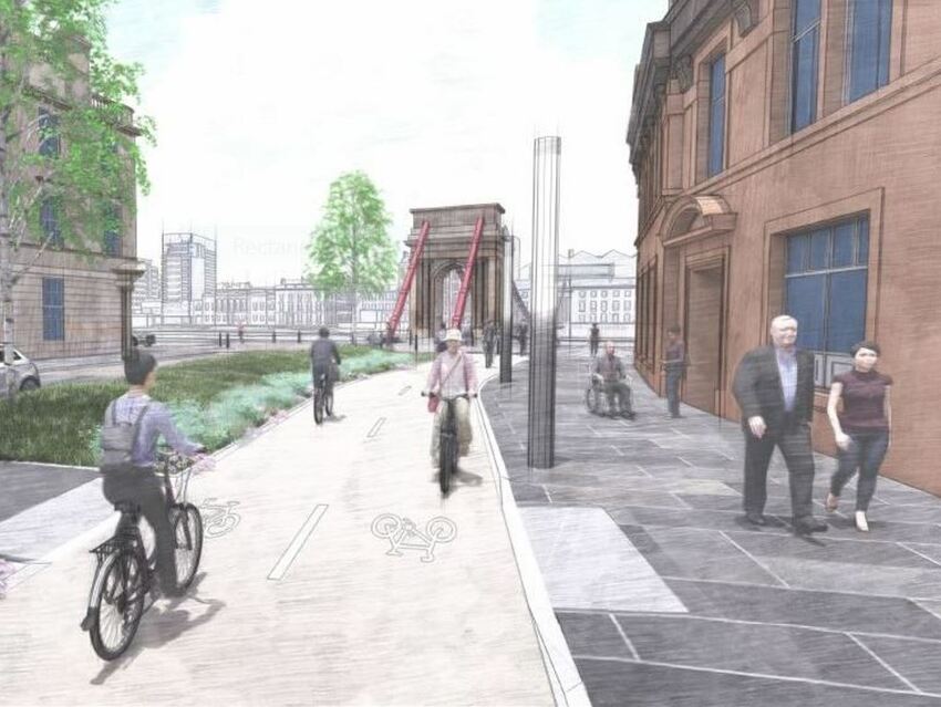 Artist's impression of South Portland Street after the Avenues work is completed. The pavements are wider and there is a new cycle path with improved planting and a rain garden. The South Portland Street suspension bridge can be seen in the background.