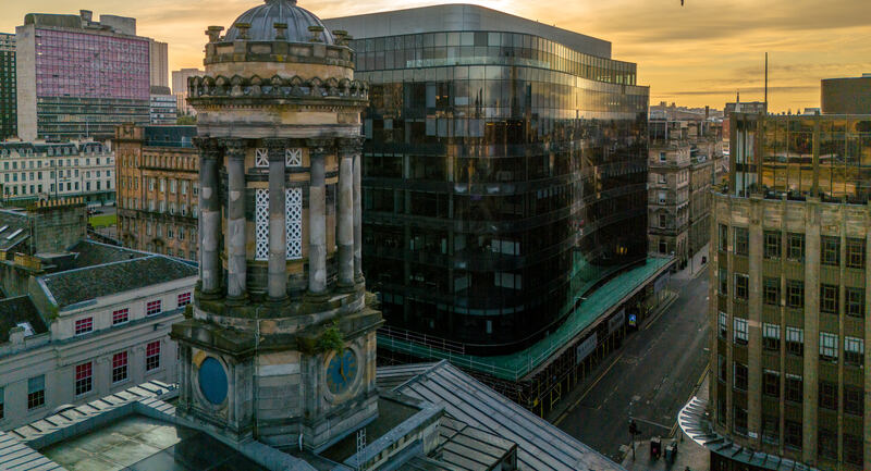 Cupola of the Gallery of Modern Art with modern glass office 110 Queen Street in background