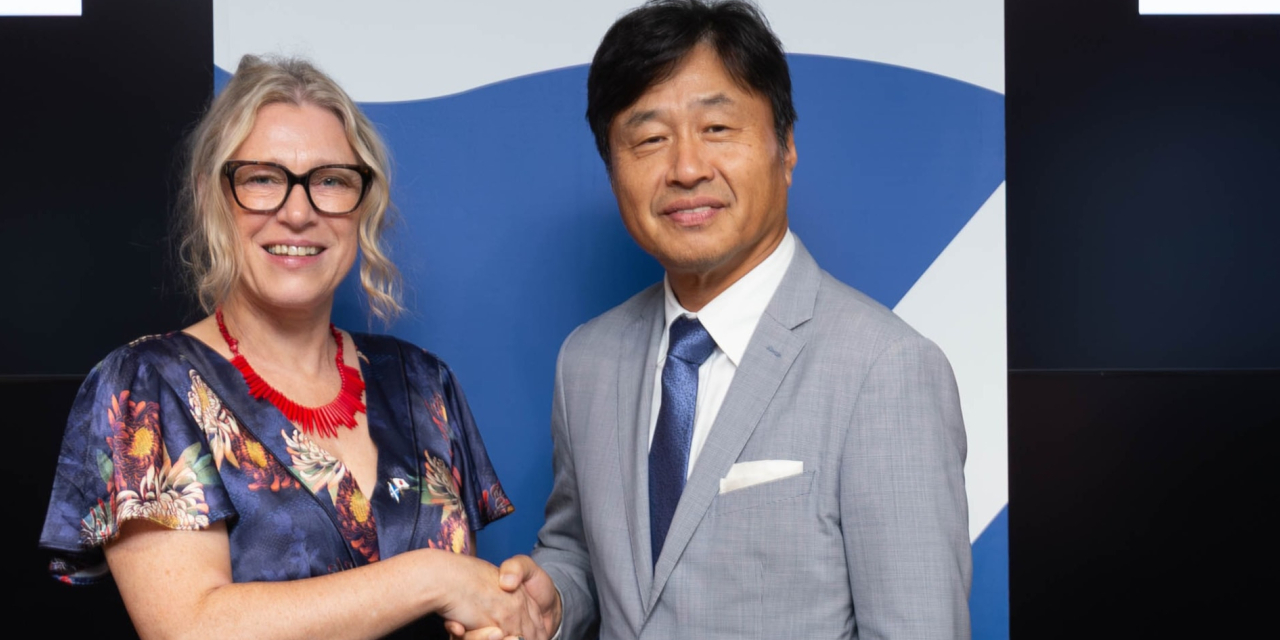 Cabinet Secretary for Climate Action and Energy Gillian Martin with Hitachi Ltd Vice President and Executive Officer Hirohide Hirai