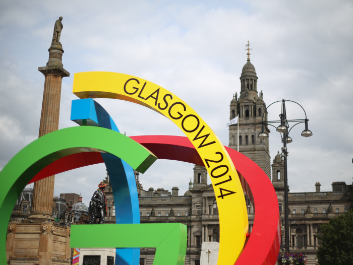 The "G" logo from the Glasgow Commonwealth Games 2014 with the City Chambers in the background