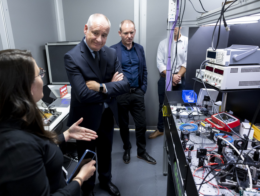 Mister Richard Lochead and Strathclyde Principal Prof Stephen McArthur enjoying a lab tour at the opening of the Inovo labs August 2025, with Dr Charikleia Troullinou.