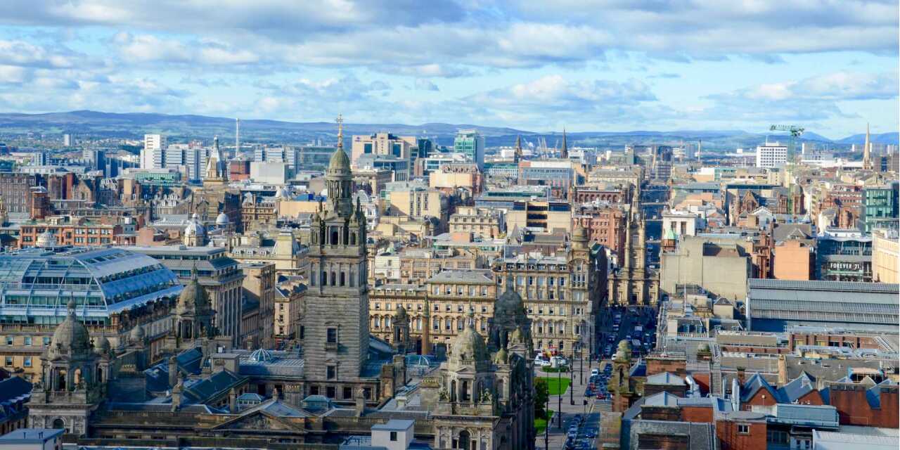 Aerial view of Glasgow City with City Chambers in the foreground