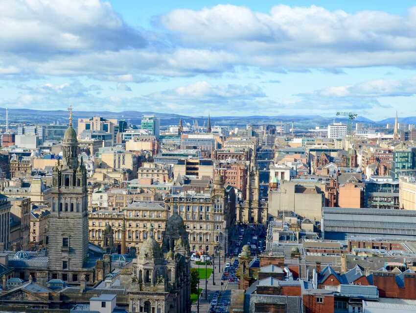 Aerial view of Glasgow City with City Chambers in the foreground