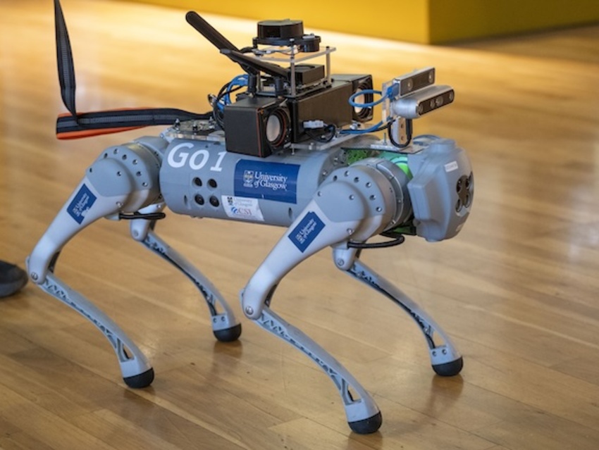 A grey quadruped robot that looks a little like a dog.